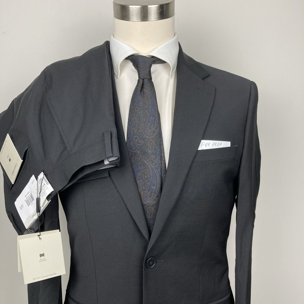 Calvin Klein Mens Slim fit 2-pc Suit Jacket 38R Pants 31W 32L Black Solid Wool - Picture 9 of 16